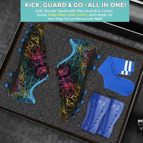 brooman Kids Firm Ground Soccer Cleats Girls Football Cleats with Shin Guards and Soccer Socks (13,Black Blue) - Image 5