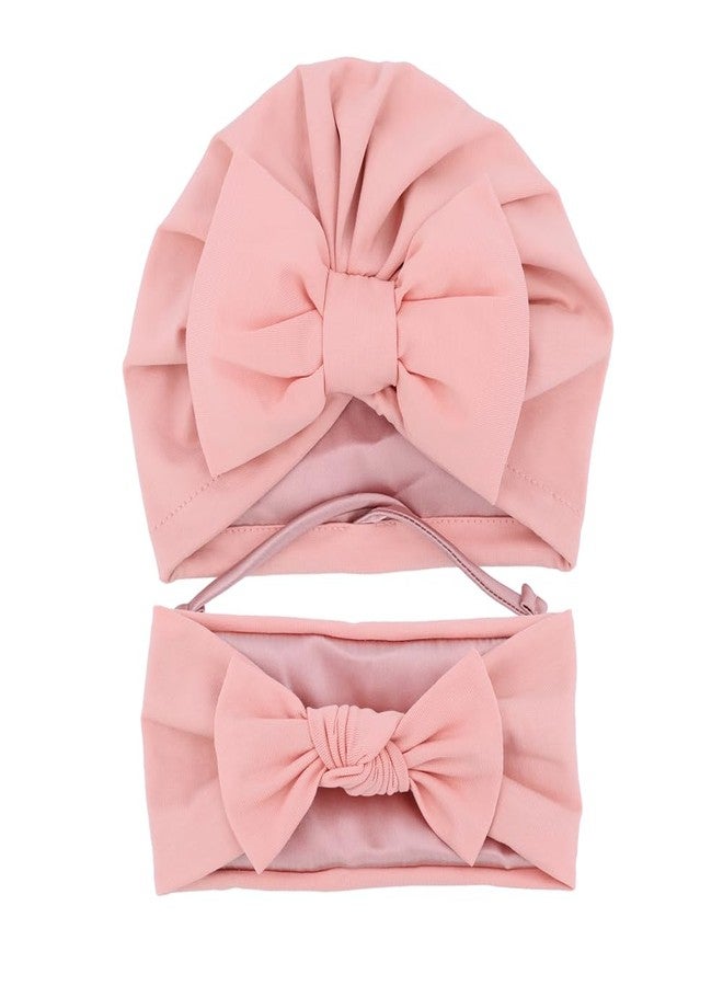 Jomila Bundle of Bonnet and Headband for Baby Newborn Silk Satin Lined Beanie Toddler Infant Girls Adjustable Hat 0-6 Months (Pure-Pink) - Image 1