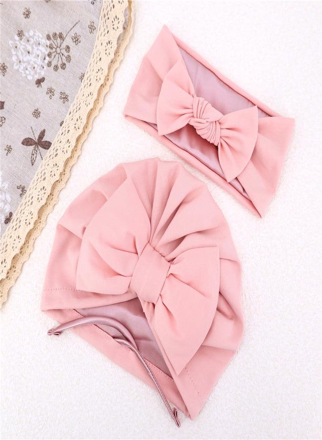 Jomila Bundle of Bonnet and Headband for Baby Newborn Silk Satin Lined Beanie Toddler Infant Girls Adjustable Hat 0-6 Months (Pure-Pink) - Image 2