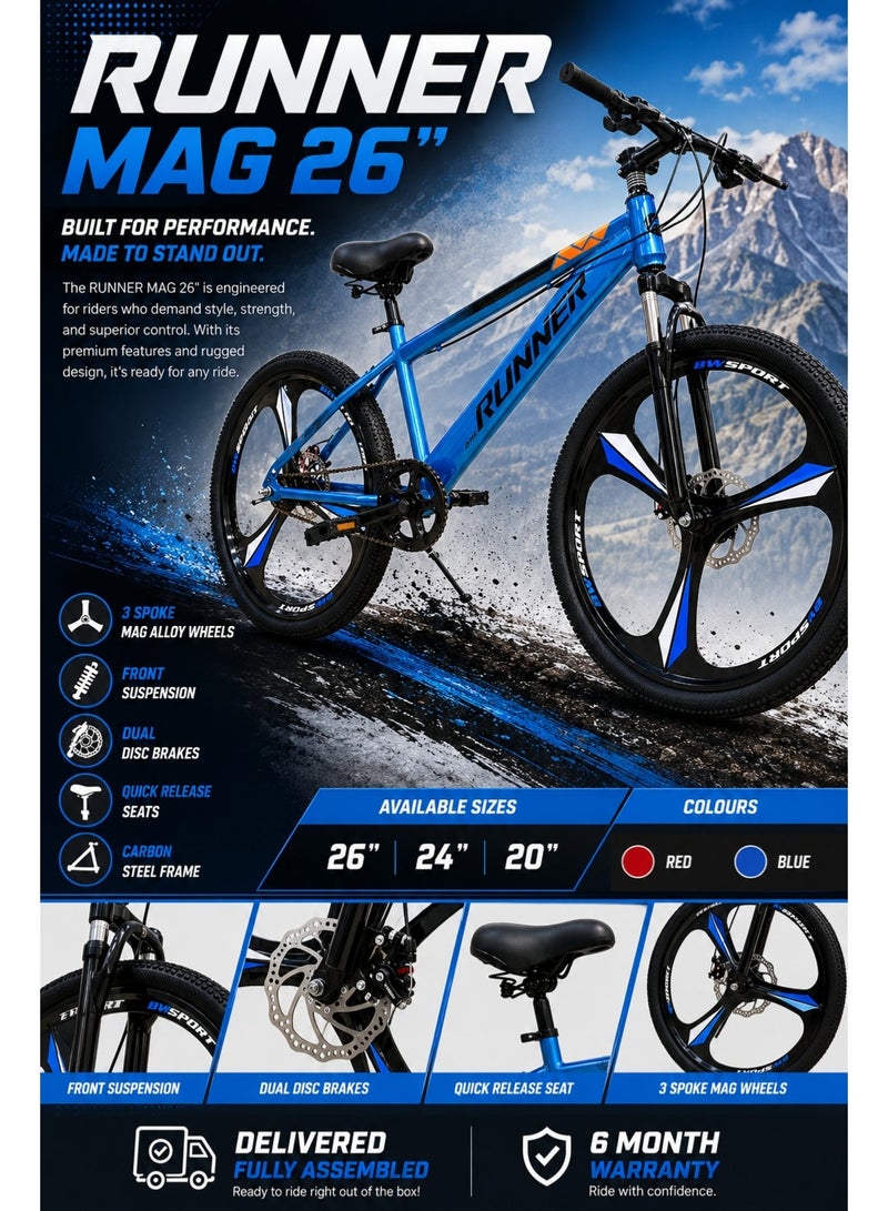 RUNNER MAG 26" Bicycle with 3-Spoke Mag Alloy Wheels, Dual Disc Brakes, Front Suspension, Carbon Steel Frame, Quick Release Seat, Fully Assembled - Image 2