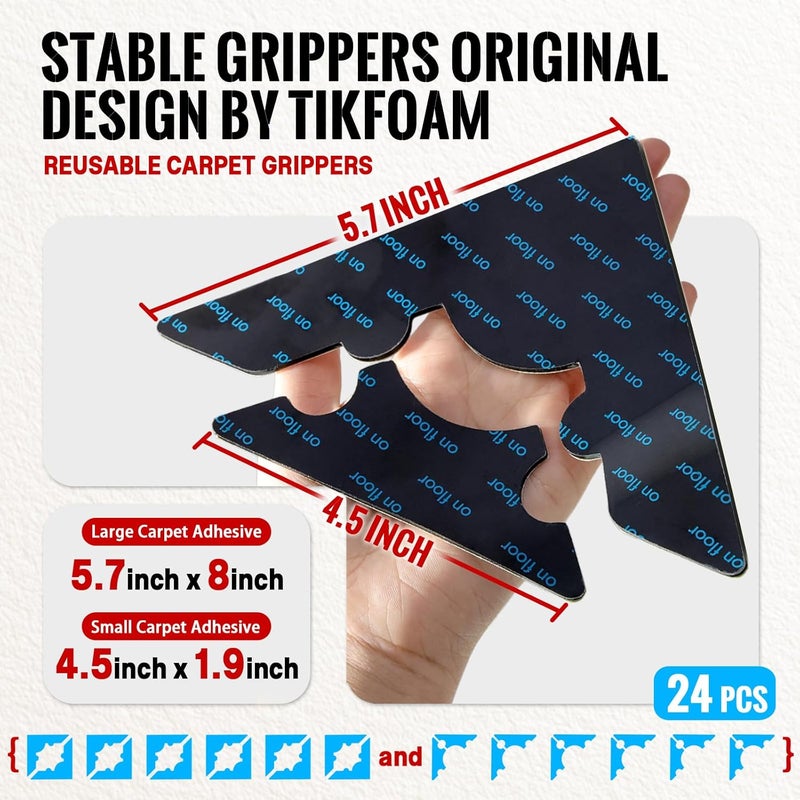 Tikfoam Rug Non Slip Grippers, Reusable Keep Rug Corner Down Tape Stickers for Hardwood Floors and Tiles, Strong Carpet Gripper for Area Rugs, No Damaging for Floor, 24Pcs - Image 2