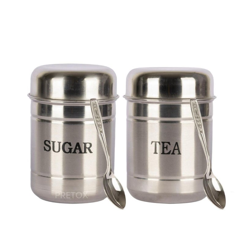 PRETOX Stainless Steel Set of 2 Tea and Sugar Container Tea Sugar Dabba Set 700 ml Steel Tea Sugar Container Big Size Home And Kitchen Use Tope Container FREE 2 Spoon - Image 1