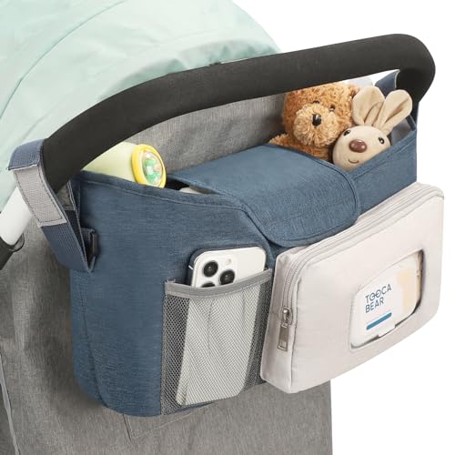 Accmor Universal Stroller Organizer with Insulated Cup Holder Stroller Caddy Bag Accessories Stroller Cup Holder Organizer for Uppababy Baby Jogger Britax Stroller Blue - Image 1