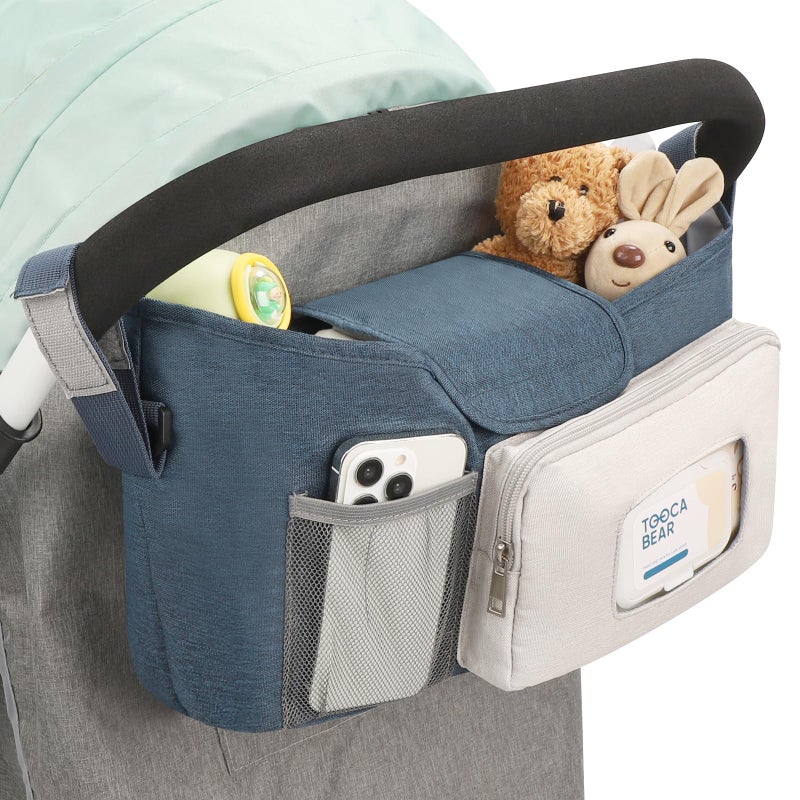 Accmor Universal Stroller Organizer with Insulated Cup Holder Stroller Caddy Bag Accessories Stroller Cup Holder Organizer for Uppababy Baby Jogger Britax Stroller Blue - Image 3