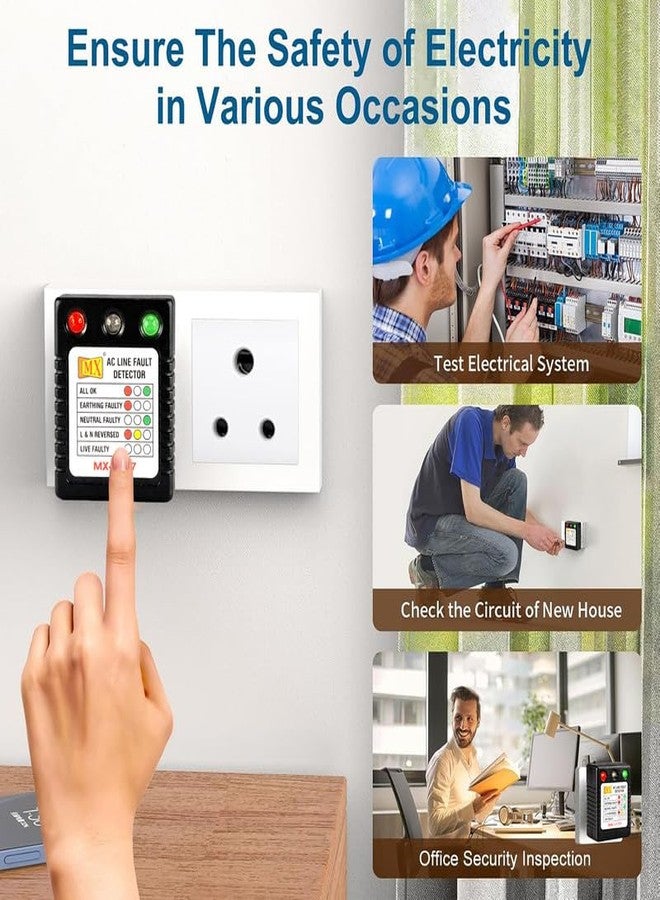MX ac line fault detector socket tester for electrical work Line Fault Detector with RYG LED Indicator| Detects Earthing line detector connectivity tester electrical socket 5amp - Image 5