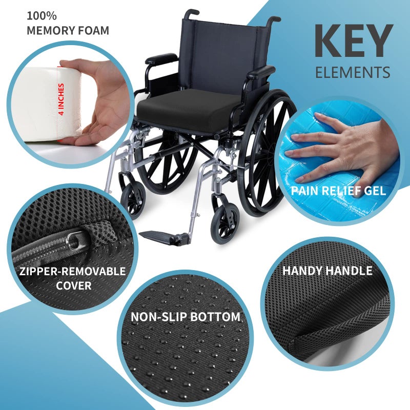 YOUFI Thick Memory Foam & Gel Seat Cushion, 18"X16"X4" Large Chair Cushion for Wheelchair Mobility Scooters, with Non-Slip Bottom and Carry Handle (Black) - Image 3