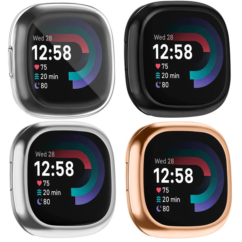 Tobfit [4 Pack] Screen Protector Case Compatible for Fitbit Sense 2 / Fitbit Versa 4, Slim Fit Full Protective Cover Shockproof Bumper Glossy Soft TPU Sense 2 Case Cover (Black+Rose gold+Silver+Clear) - Image 1