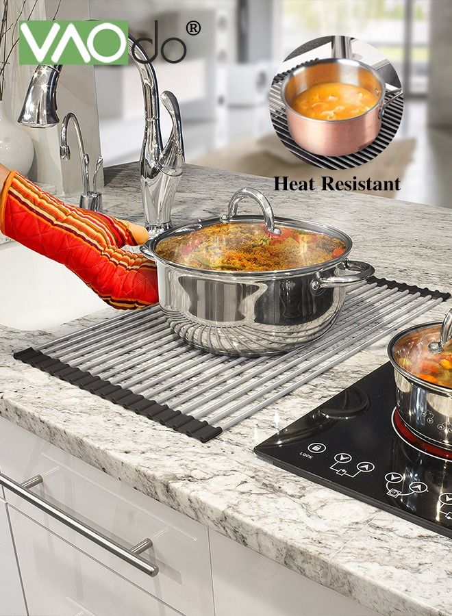 VAOdo Roll Up Dish Drying Rack, Stainless Steel Foldable Dish Drainer, Silicone Wrapped, Anti-slip Edge Drainboard, Utensil Holder Over Sink Dish Drying Rack for Bowls and Utensils 45X20CM - Image 4