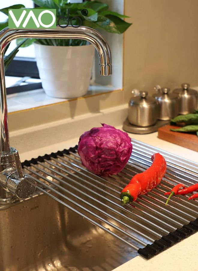 VAOdo Roll Up Dish Drying Rack, Stainless Steel Foldable Dish Drainer, Silicone Wrapped, Anti-slip Edge Drainboard, Utensil Holder Over Sink Dish Drying Rack for Bowls and Utensils 45X20CM - Image 5