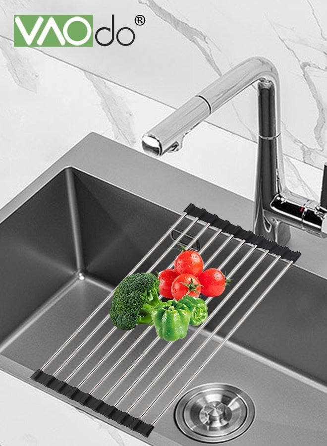 VAOdo Roll Up Dish Drying Rack, Stainless Steel Foldable Dish Drainer, Silicone Wrapped, Anti-slip Edge Drainboard, Utensil Holder Over Sink Dish Drying Rack for Bowls and Utensils 45X20CM - Image 2