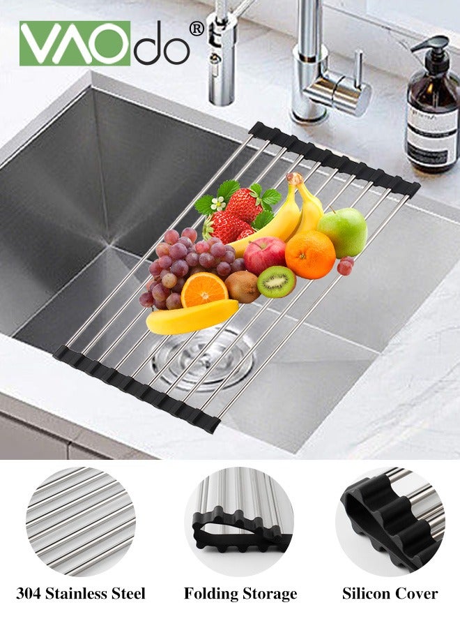 VAOdo Roll Up Dish Drying Rack, Stainless Steel Foldable Dish Drainer, Silicone Wrapped, Anti-slip Edge Drainboard, Utensil Holder Over Sink Dish Drying Rack for Bowls and Utensils 45X20CM - Image 1