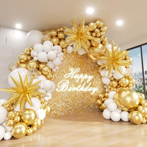 ADOINBY White and Gold Balloon Arch Kit 146Pcs Explosion Star White Metallic Gold Latex Balloon Garland kit 22 18 12 10 5 Inch Different Size Balloons for Anniversary Birthday Engagements Party Decorations - Image 1
