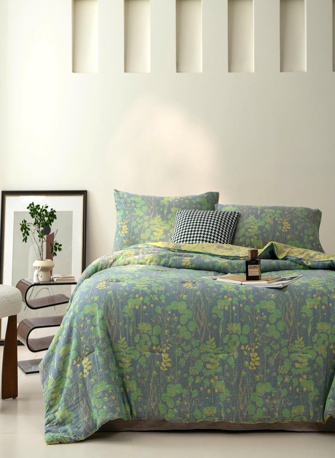 Purefair 100% Cotton Muslin Jacquard Comforter Set, Botanical Floral Plants Print, Soft Lightweight Reversible 3 Piece Bedding Sets for All Season, Green Yellow, King(104"x90") - Image 2