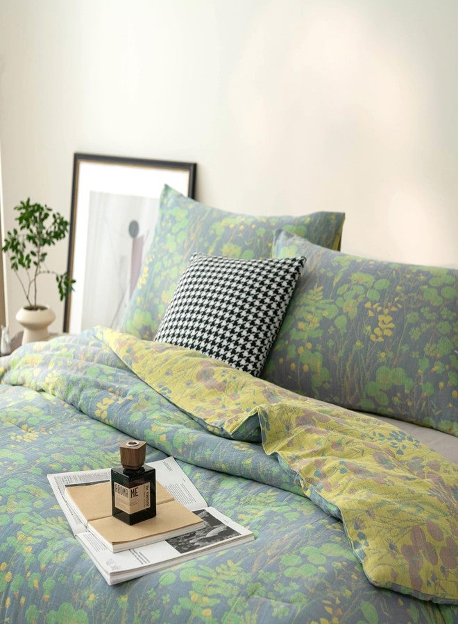 Purefair 100% Cotton Muslin Jacquard Comforter Set, Botanical Floral Plants Print, Soft Lightweight Reversible 3 Piece Bedding Sets for All Season, Green Yellow, King(104"x90") - Image 4