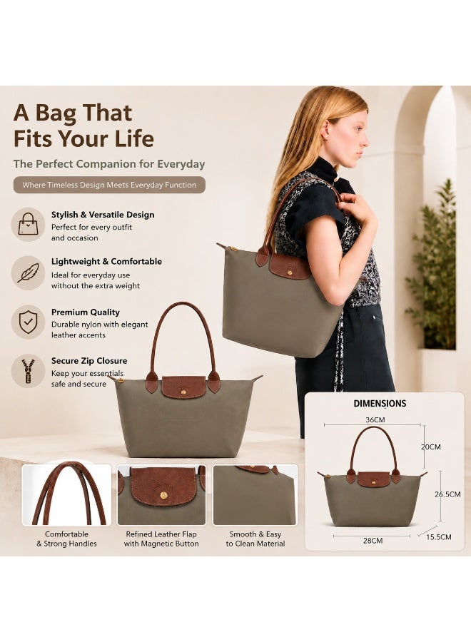 Medium‑Size Women's Nylon Tote Bag with Brown Leather Trim ‑ Taupe - Image 1