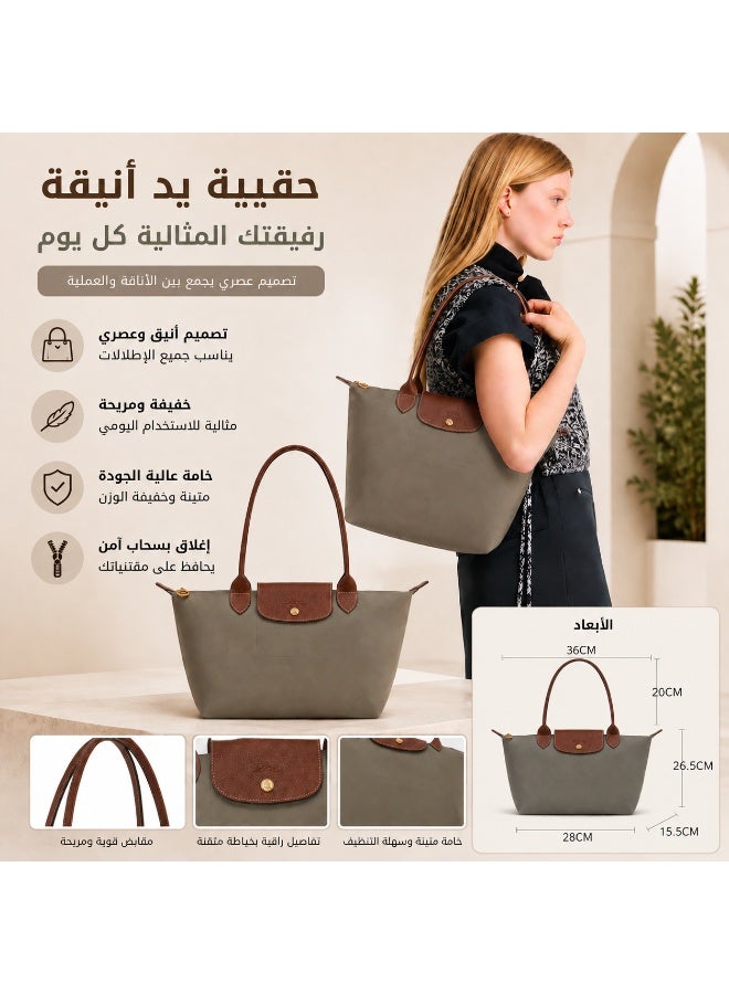 Medium‑Size Women's Nylon Tote Bag with Brown Leather Trim ‑ Taupe - Image 2