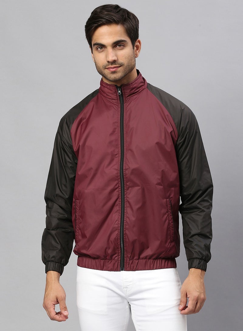Dennis Lingo Maroon Regular Fit Men's Colourblocked Mock Neck Polyester Jacket with Zipper Closure  - Image 1