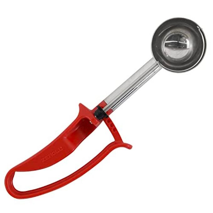UNIVERSAL EXTENDED LENGTH EZ DISHER FOOD PORTION CONTROL SCOOP DESIGNED FOR RIGHT OR LEFT HAND USE DISHWASHER SAFE 2INCH RED