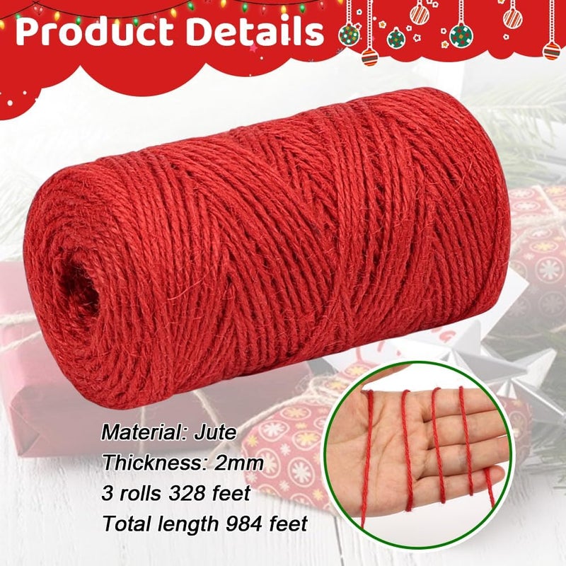 Vivifying Christmas Twine String, 328 Feet x 3 Rolls 2mm Red Green White Jute Twine for Gift Wrapping, Gardening, DIY Crafts, Packing - Image 2