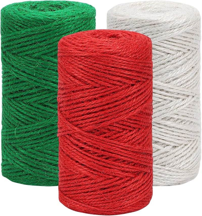 Vivifying Christmas Twine String, 328 Feet x 3 Rolls 2mm Red Green White Jute Twine for Gift Wrapping, Gardening, DIY Crafts, Packing - Image 1