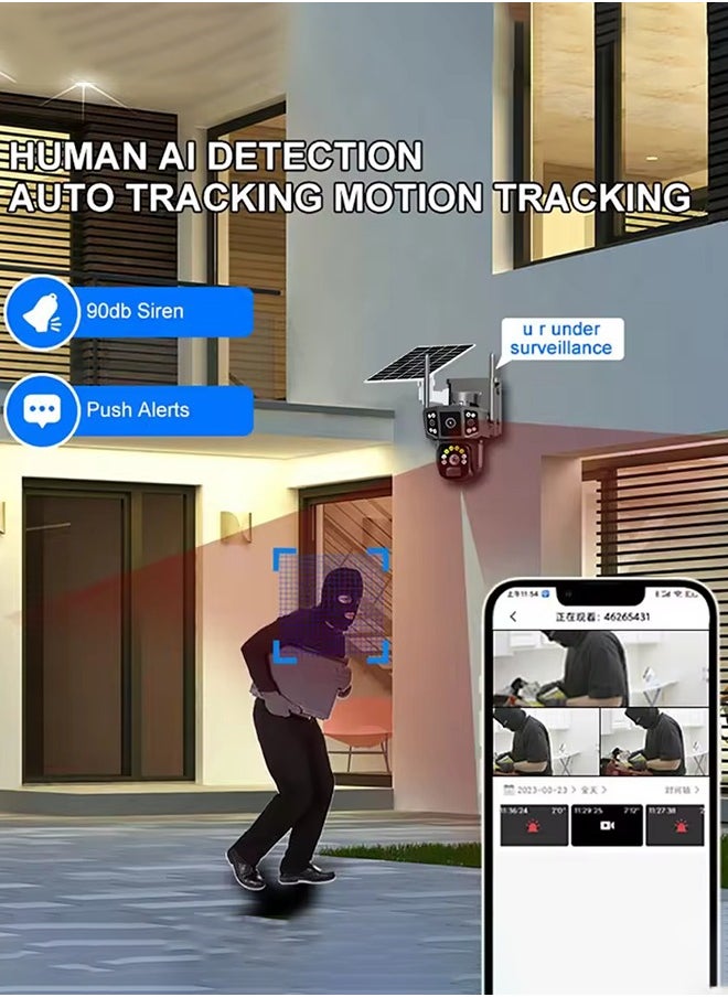 Solar Camera 4K Dual Lens 10X Outdoor Security Camera 4G sim Solar Cameras Surveillance Cameras Night Vision 2 Way Talk PIR Motion Sensor