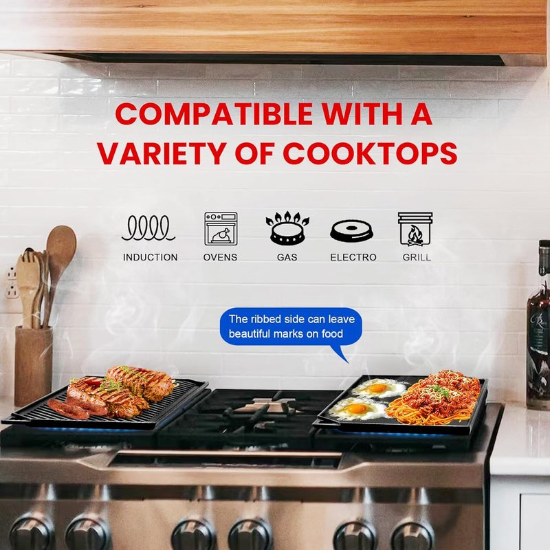 GGC مقلاة حديد زهر قابلة للعكس، مقلاة مزدوجة الجوانب لأسطح المواقد، شوايات الغاز والطهي في الهواء الطلق، 16.5 × 9.5 بوصة صينية مسطحة ومجعدة للخبز - Image 5