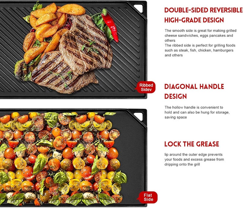 GGC مقلاة حديد زهر قابلة للعكس، مقلاة مزدوجة الجوانب لأسطح المواقد، شوايات الغاز والطهي في الهواء الطلق، 16.5 × 9.5 بوصة صينية مسطحة ومجعدة للخبز - Image 3