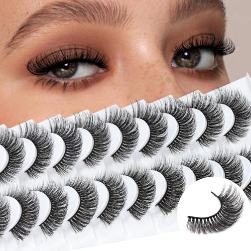 Veleasha Russian Strip Lashes D Curl False Eyelashes Fluffy Wispy Faux Mink Lashes 10 Pairs Pack D01