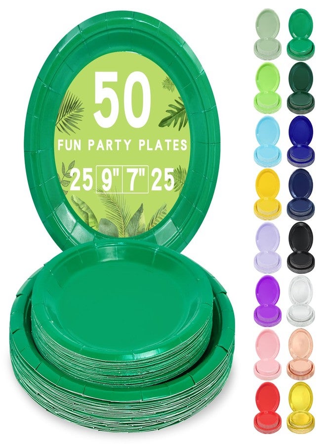 LANLISA 50 Pcs Green Paper Plates Disposable, 25-9" & 25-7" Disposable Birthday Cake Dessert Plates For St Patricks Day, Christmas Holiday Party Supplies - Image 1
