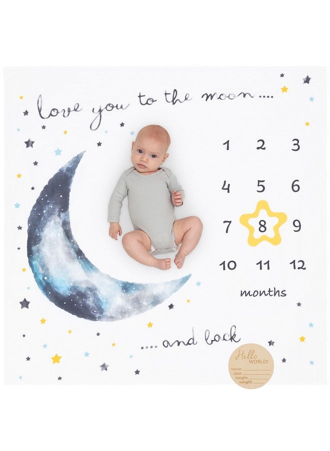 Pondering Pine Organic Baby Monthly Milestone Blanket For Boy Or Girl - Moon Baby Month Blanket For Boys - Love You To The Moon And Back Blanket With Stars, 1-12 Months Milestones, 47”X47” - Image 1