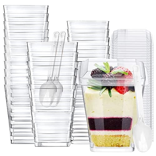 Crystry 100 Pack 5 oz Plastic Dessert Cups with Lids & Spoons – Mini Parfait & Appetizer Cups, Dessert Shooter Cups – For Party, Wedding, Birthday, Pudding, Mousse, Ice Cream – BPA-Free, Recyclable, Clear - Image 1