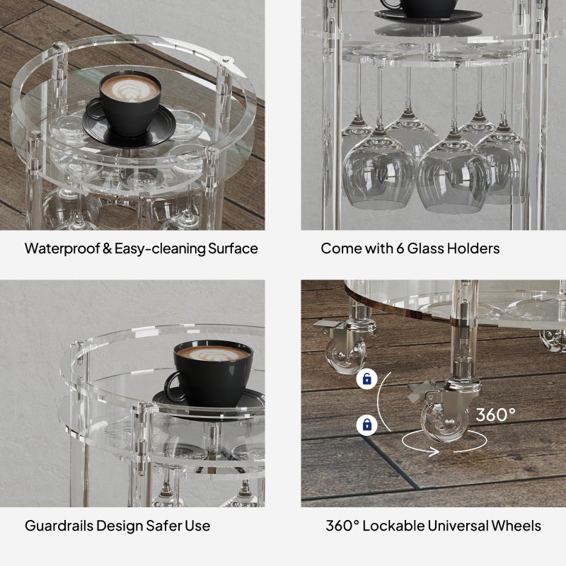 Eglaf Acrylic Bar Cart - Round Rolling Bar Cart - 2 Tiers Home Bar Serving Cart with Lockable Wheels, Glass Holders, for Bar, Living Room, Kitchen, 15.7" D x 15.7" W x 31.1" H, Clear - Image 4