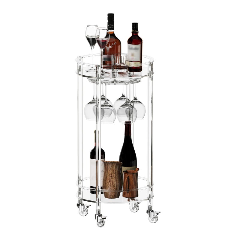 Eglaf Acrylic Bar Cart - Round Rolling Bar Cart - 2 Tiers Home Bar Serving Cart with Lockable Wheels, Glass Holders, for Bar, Living Room, Kitchen, 15.7" D x 15.7" W x 31.1" H, Clear - Image 1