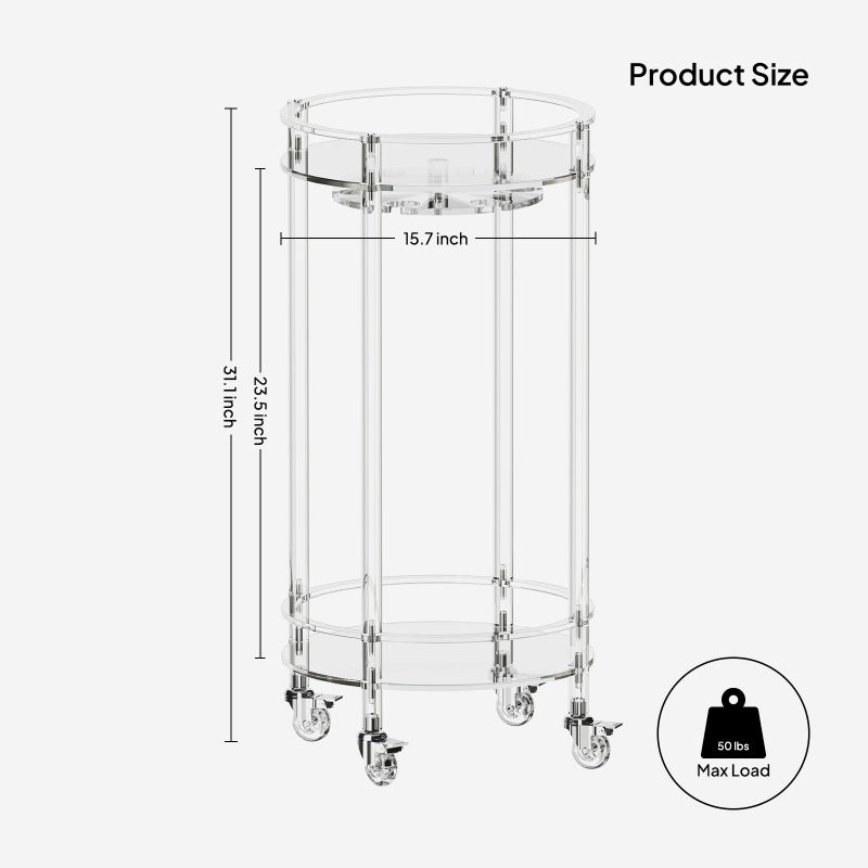 Eglaf Acrylic Bar Cart - Round Rolling Bar Cart - 2 Tiers Home Bar Serving Cart with Lockable Wheels, Glass Holders, for Bar, Living Room, Kitchen, 15.7" D x 15.7" W x 31.1" H, Clear - Image 3