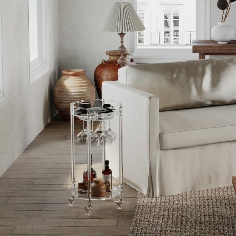 Eglaf Acrylic Bar Cart - Round Rolling Bar Cart - 2 Tiers Home Bar Serving Cart with Lockable Wheels, Glass Holders, for Bar, Living Room, Kitchen, 15.7" D x 15.7" W x 31.1" H, Clear - Image 5