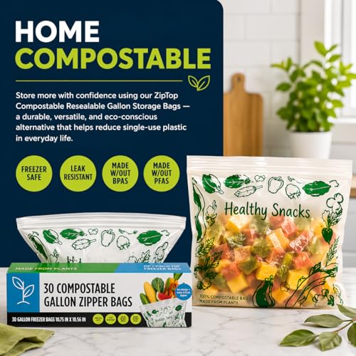 Lunchskins Ziptop Home Compostable & Resealable Freezer-Safe Food Storage Bags, Gallon Size, 30 Bags - Eco-Friendly, Made Without PFAS and BPAS - Image 2