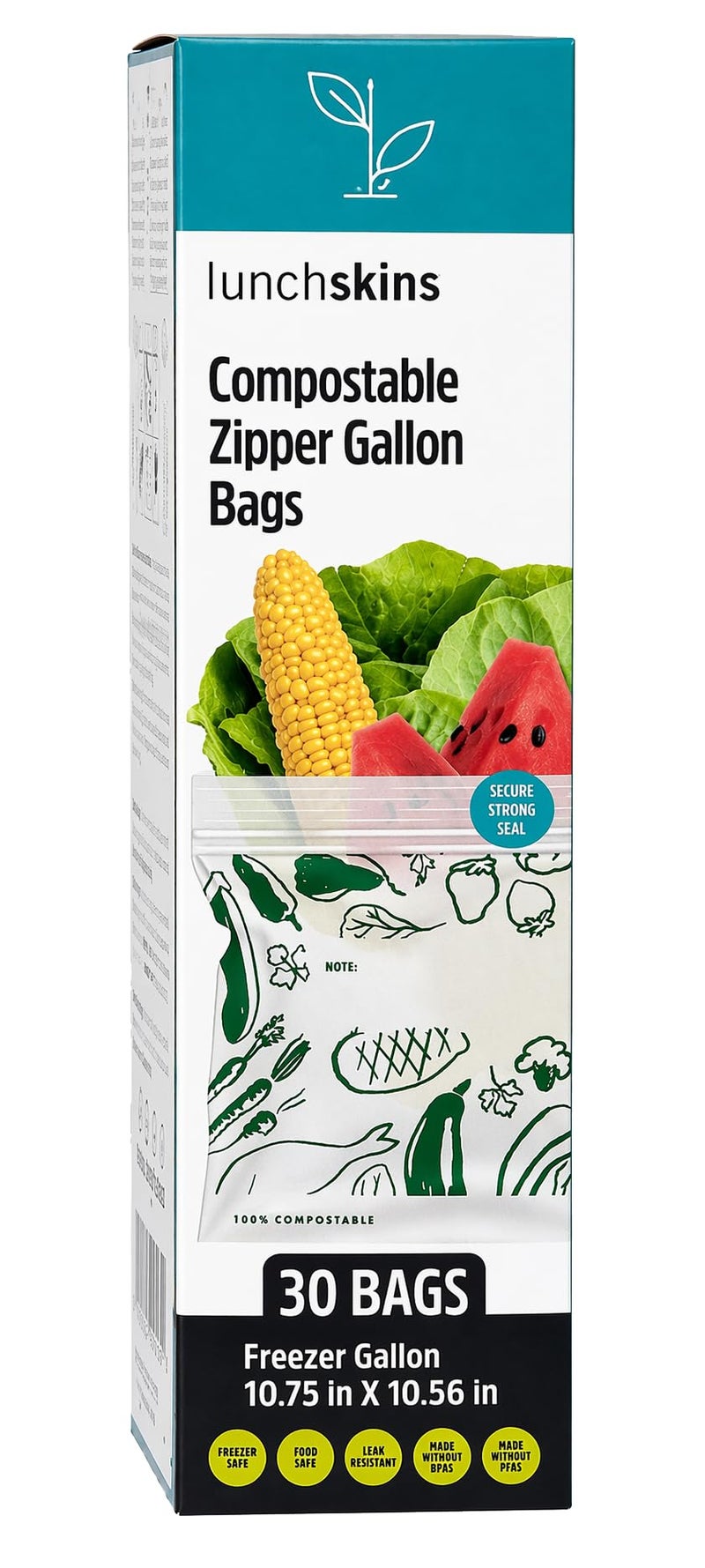 Lunchskins Ziptop Home Compostable & Resealable Freezer-Safe Food Storage Bags, Gallon Size, 30 Bags - Eco-Friendly, Made Without PFAS and BPAS - Image 1
