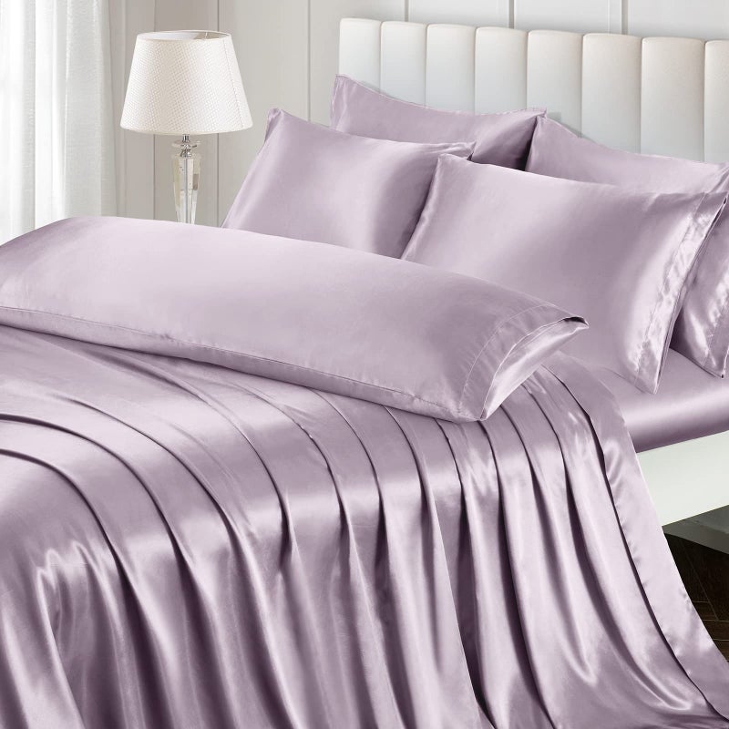 Ersmak 7 Pieces Satin Sheets Set Queen Size Luxury Silky Lavender Satin Bed Sheets Set with 1 Deep Pocket Fitted Sheet 1 Soft Flat Sheet 4 Queen Pillowcases and 1 Body Pillowcase