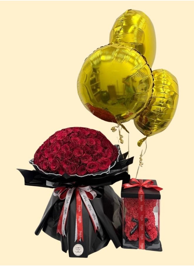 Petals by Aemi - Fresh Flower Red Roses Ballons and Teddy Bear Bouquet - Image 1