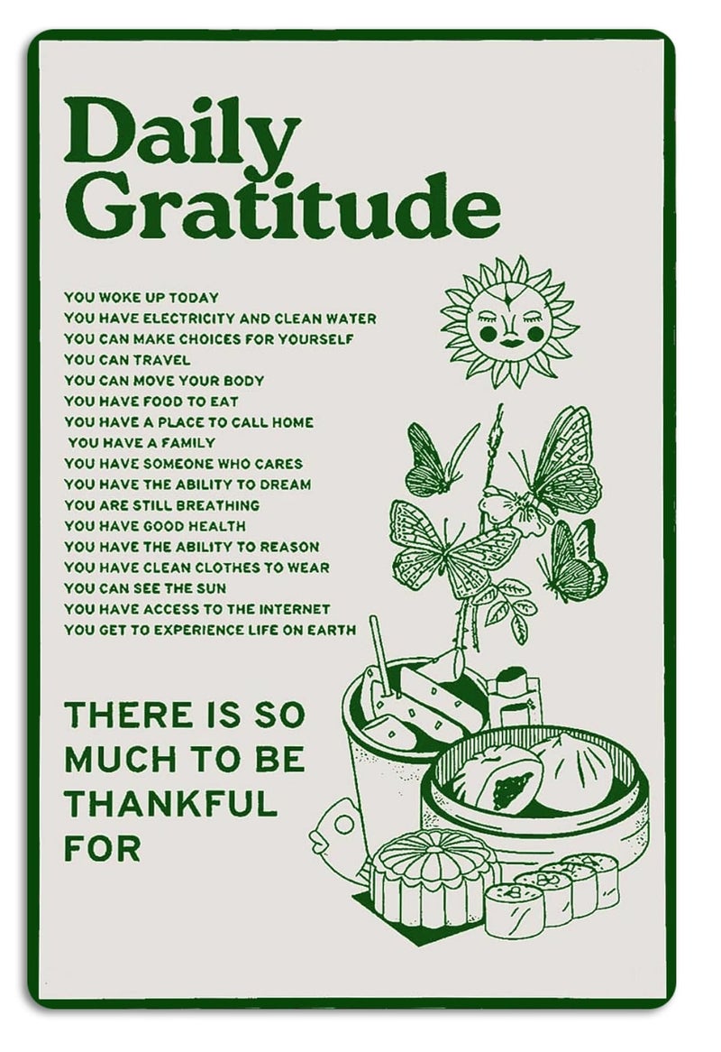 Fmcmly Daily Gratitude Inspirational Metal Tin Sign Green Boho Room Aesthetic Decoration Home Kitchen Office Bedroom Cafes Wall Decor 8x12 Inch - Image 1