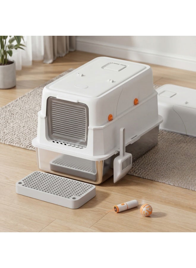 صندوق فضلات القطط المغطى بغطاء، جوانب عالية كبيرة جدًا للقطط الكبيرة والمنازل التي تضم عدة قطط، صينية فضلات معدنية غير لاصقة مانعة للتسرب مع سجادة فضلات مزدوجة الطبقات ومجرفة (أسود/رمادي) - Image 1