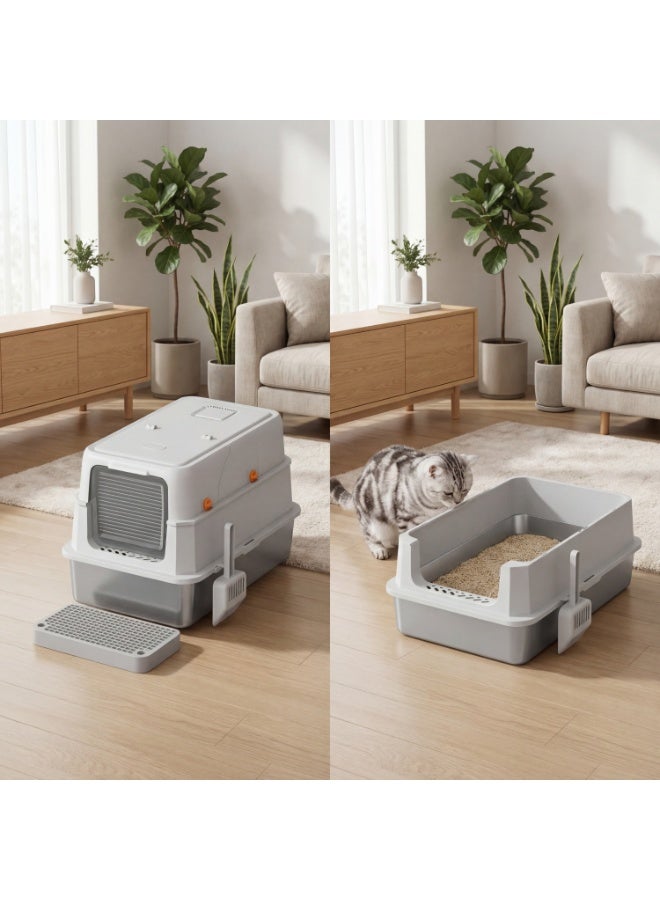 صندوق فضلات القطط المغطى بغطاء، جوانب عالية كبيرة جدًا للقطط الكبيرة والمنازل التي تضم عدة قطط، صينية فضلات معدنية غير لاصقة مانعة للتسرب مع سجادة فضلات مزدوجة الطبقات ومجرفة (أسود/رمادي) - Image 2