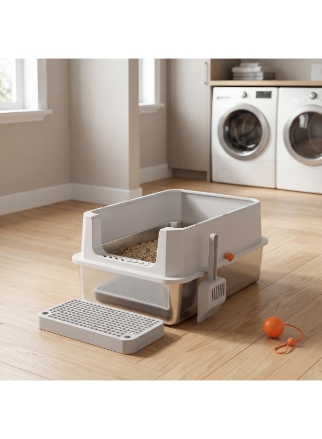 صندوق فضلات القطط المغطى بغطاء، جوانب عالية كبيرة جدًا للقطط الكبيرة والمنازل التي تضم عدة قطط، صينية فضلات معدنية غير لاصقة مانعة للتسرب مع سجادة فضلات مزدوجة الطبقات ومجرفة (أسود/رمادي) - Image 3