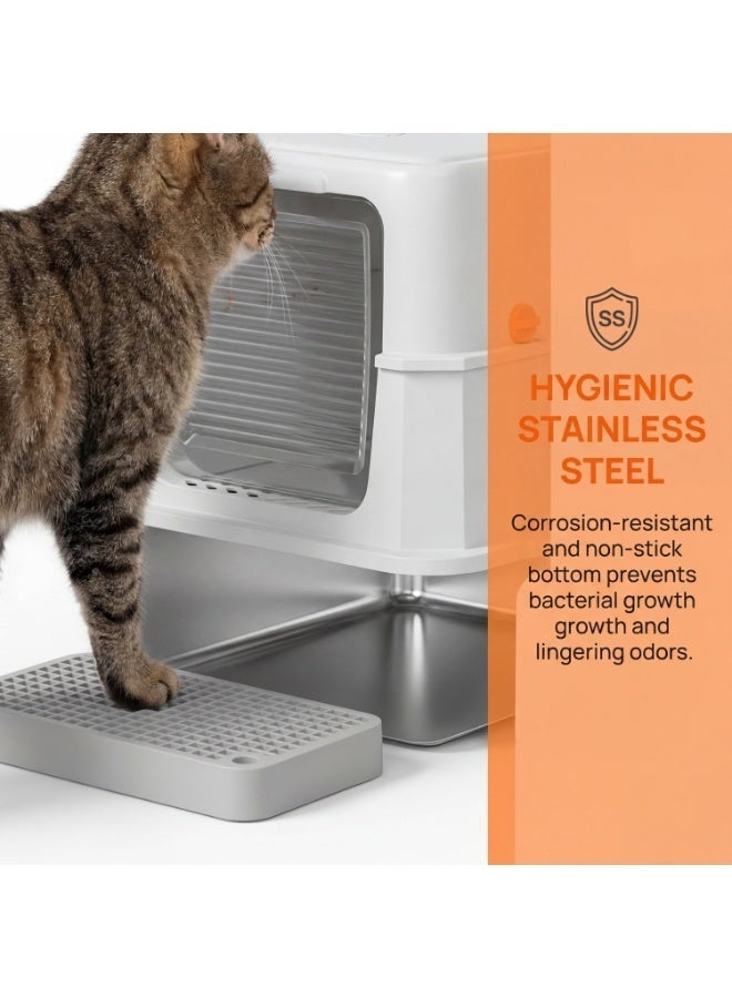 صندوق فضلات القطط المغطى بغطاء، جوانب عالية كبيرة جدًا للقطط الكبيرة والمنازل التي تضم عدة قطط، صينية فضلات معدنية غير لاصقة مانعة للتسرب مع سجادة فضلات مزدوجة الطبقات ومجرفة (أسود/رمادي) - Image 4