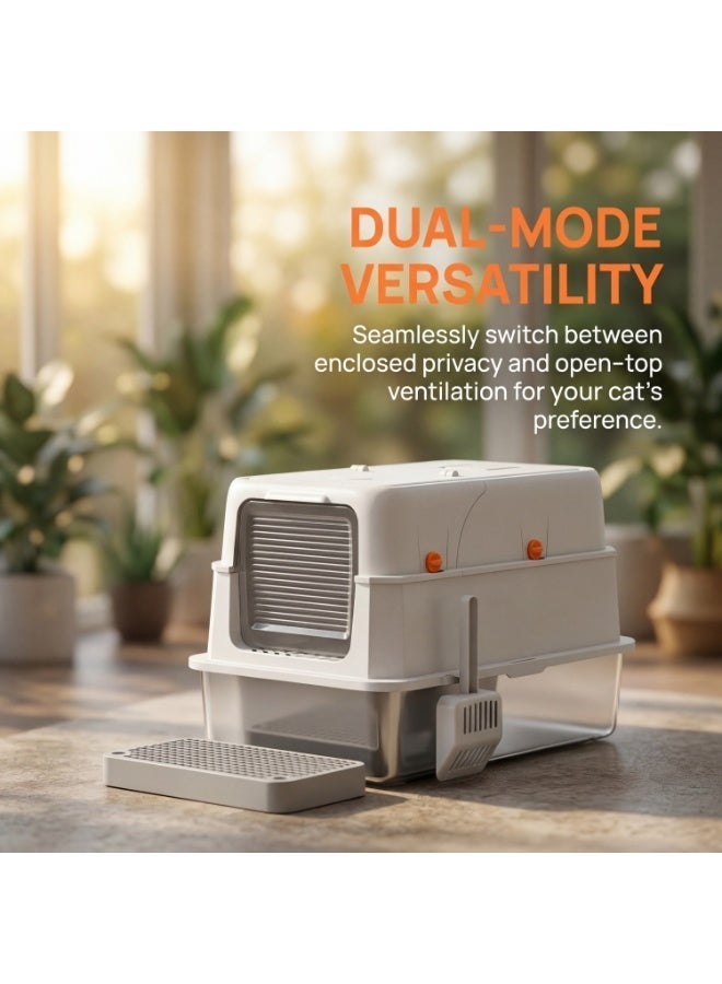 صندوق فضلات القطط المغطى بغطاء، جوانب عالية كبيرة جدًا للقطط الكبيرة والمنازل التي تضم عدة قطط، صينية فضلات معدنية غير لاصقة مانعة للتسرب مع سجادة فضلات مزدوجة الطبقات ومجرفة (أسود/رمادي) - Image 5