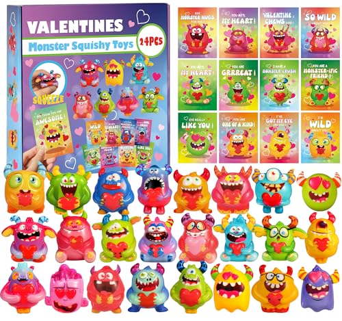 PLOUGVI 24Pcs Valentines Day Gifts for Kids Monster Heart Squishy Toys with Cards for Galentines School Gift Exchange Classroom Prizes Bag Stuffers Party Favors - Image 1