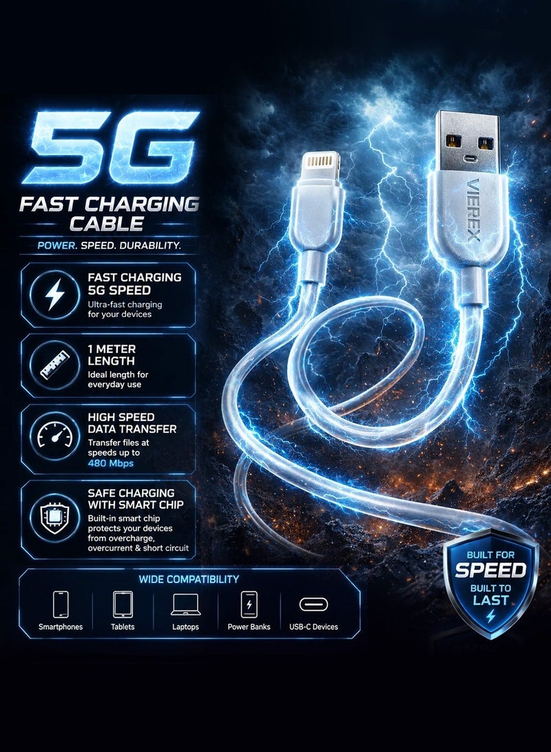 Vierex VC-3 Fast Charging Lightning Cable 2.4A USB Charging & Data Cable 480Mbps Compatible with iPhone, 1m - Image 2