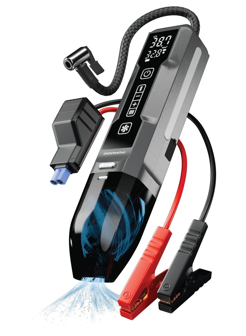 بورودو مساعد تشغيل 4-1 + مكنسة كهربائية مع مضخة هواء للإطارات / قدرة 100 واط / منفذ شحن USB-C / أوضاع ضغط محددة مسبقًا / قوة شفط توربو / فلتر HEPA قابل للغسل - أسود - Image 1