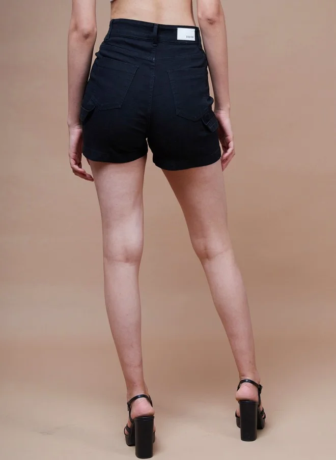 SASSAFRAS Black Mid-Rise Denim Shorts for Women