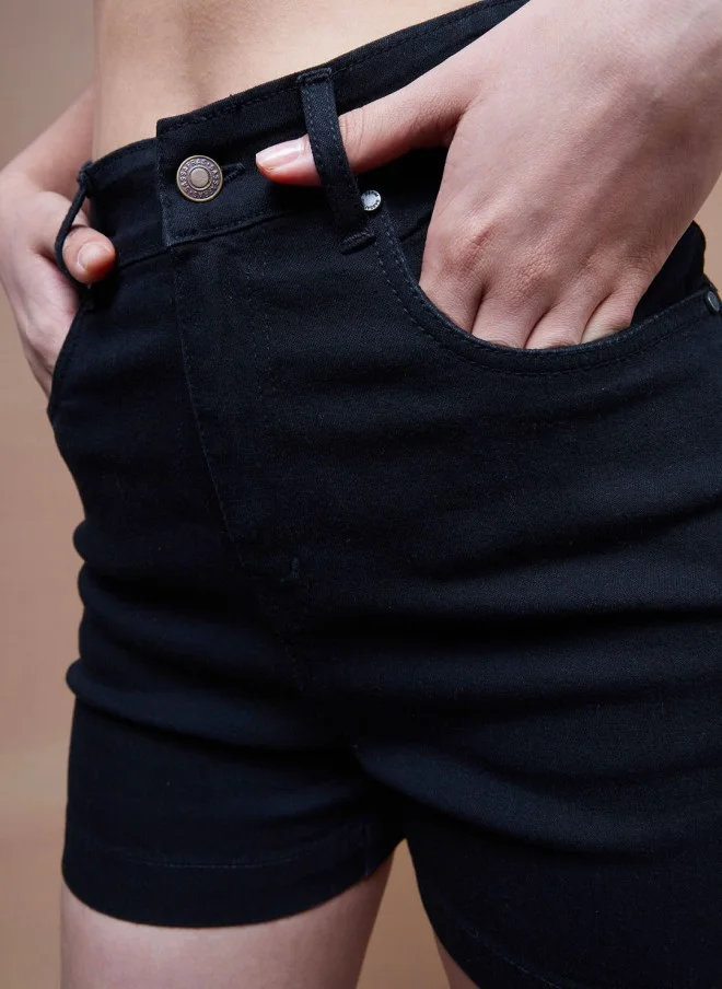 SASSAFRAS Black Mid-Rise Denim Shorts for Women